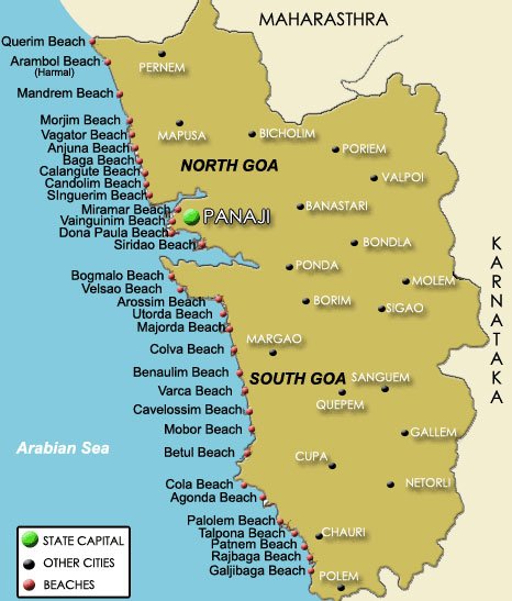 Goa Beach Maps - Location of beaches in Goa