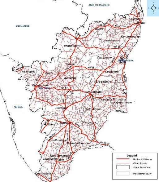 Tamil Nadu Road and National Highway Network Map