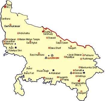 UP Uttar Pradesh Tourist Travel Map with Places to see