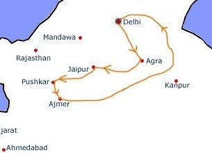 UP tour map with Agra, Ajmer, Pushkar, Jaipur, Delhi